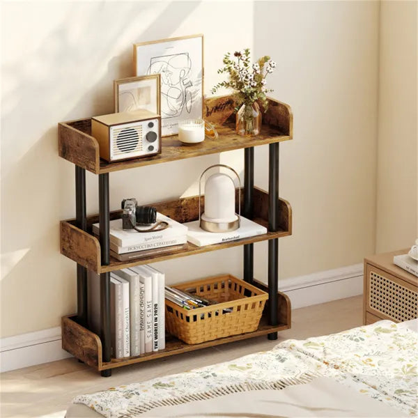 3-Tier Industrial Bookshelf With Anti-Falling Guardrails, 33 LBS Per Shelf Storage Organizer - Rustic Brown