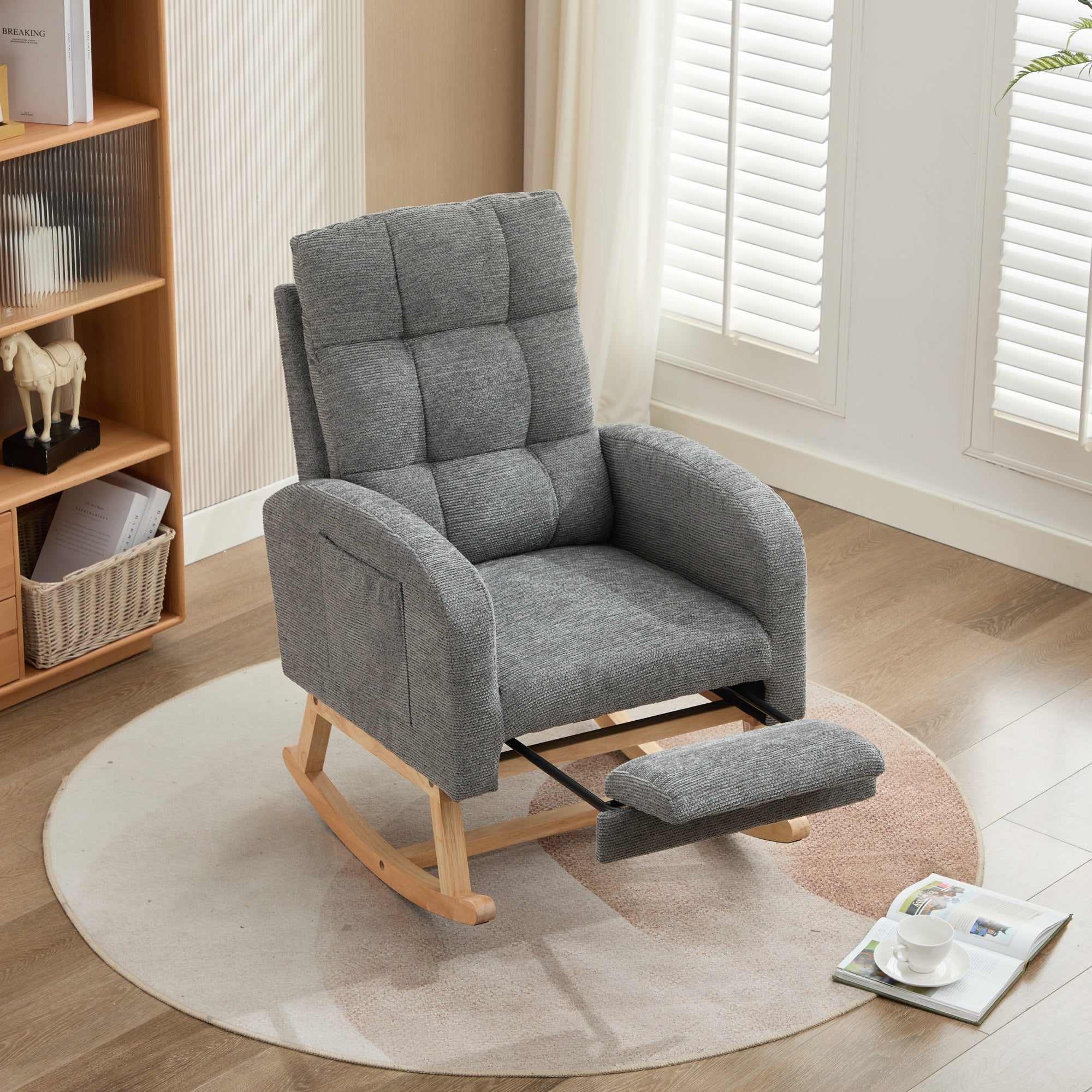 Rocking Chair With Adjustable Footrest For Living Room, Waffle Fabric, Rocking Chair With Solid Wooden Legs,Comfortable Lounge Armchair With Side Pockets And High Backrest, Grey, Waffle Fabric