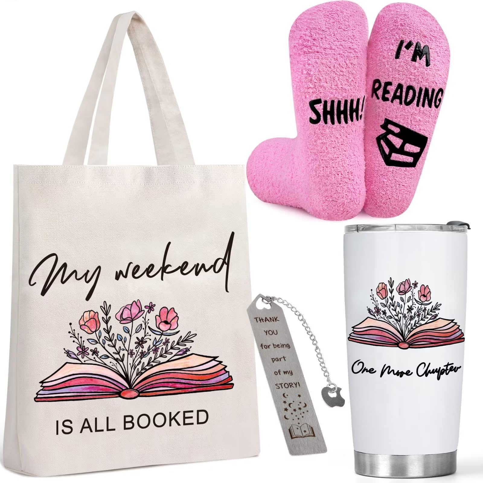 Accessoires de Lecture incluant un Sac Tote en Toile, un Tumbler de 20oz, des Chaussettes Roses et des Marque-pages