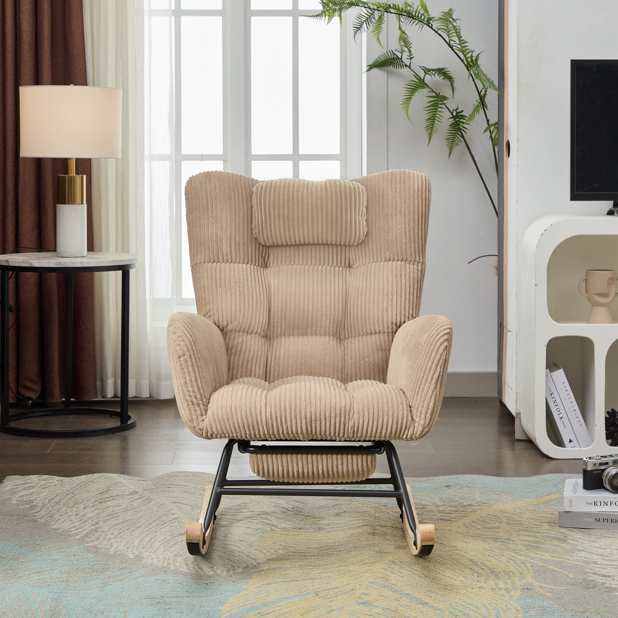 Rocking Chair With Adjustable Footrest, Headrest, Fabric Rocking Chair With Wooden Legs,Comfortable Lounge Armchair With Side Pockets And High Backrest, Brown, Reading Chair For Nursery, Living Room