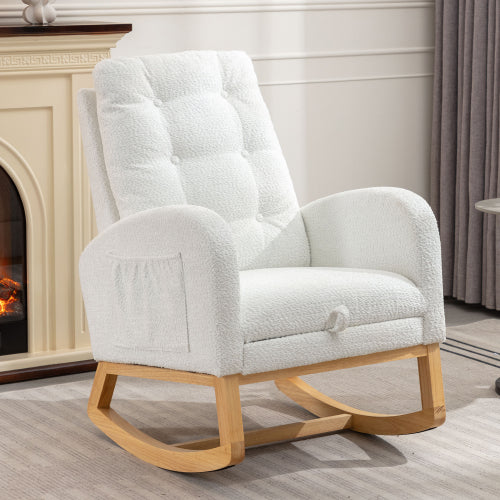 LY-5104 WHITE Accent Rocking Chair With Footrest High Back Rubber Wood Rocking Legs Bedroom Living Space 26.77D X 38.36W X 39.76H Inch