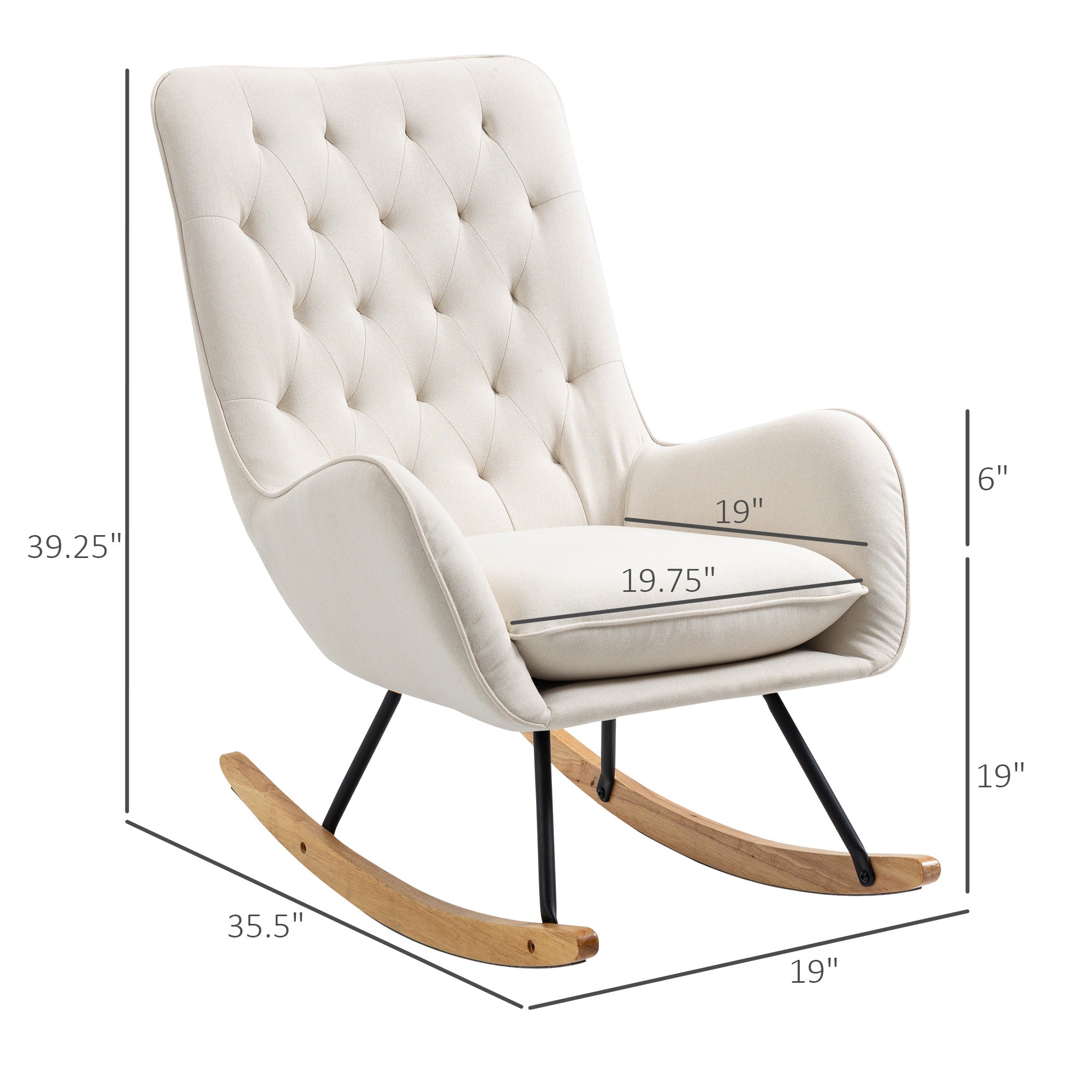 Mid-Century Fabric Rocking Chair Sofa Armchair Tufted Rocker Wingback Accent Chair with Padded Seat, Rubber Wood Base for Home Studio, Bedroom, Living Room, Cream White