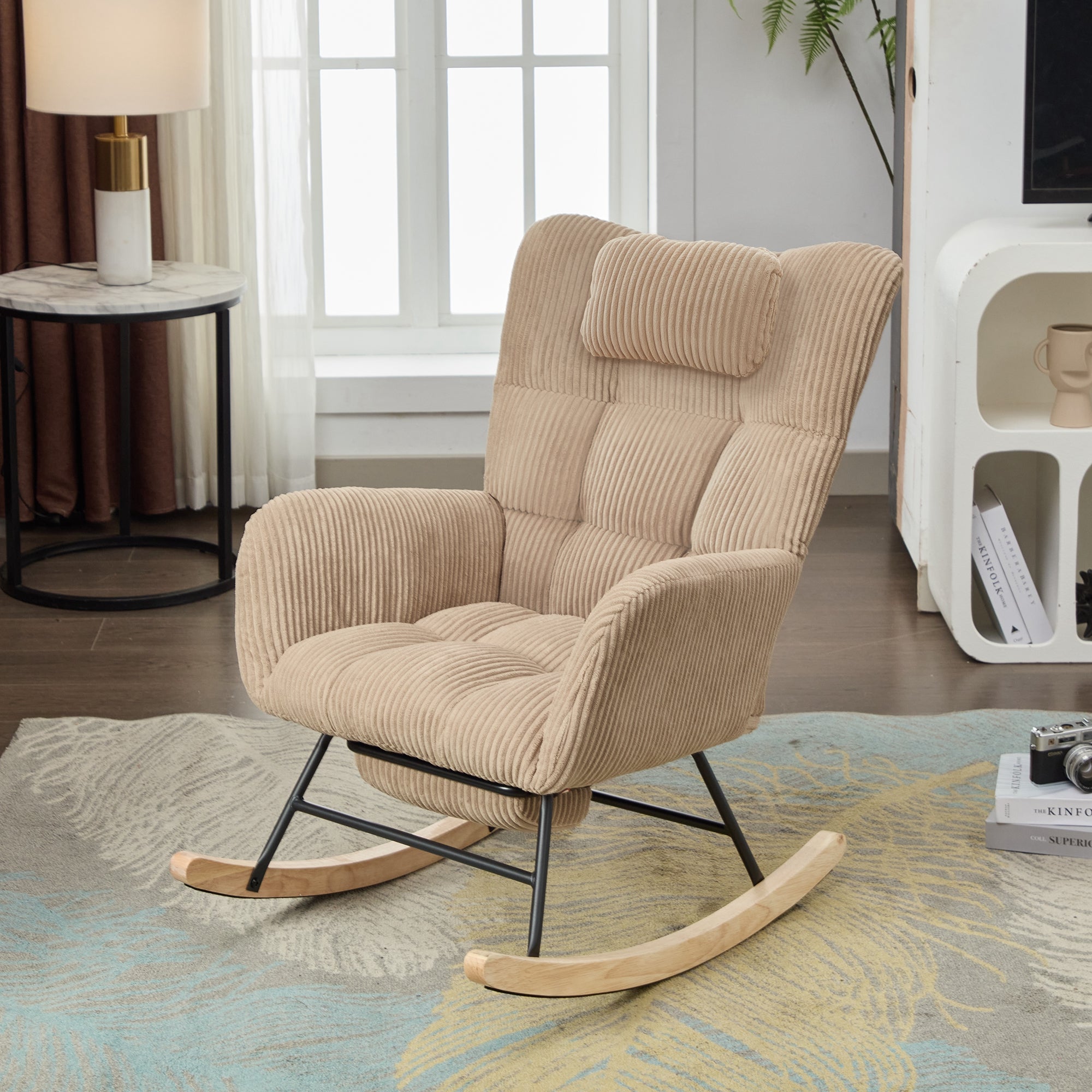 Rocking Chair With Adjustable Footrest, Headrest, Fabric Rocking Chair With Wooden Legs,Comfortable Lounge Armchair With Side Pockets And High Backrest, Brown, Reading Chair For Nursery, Living Room