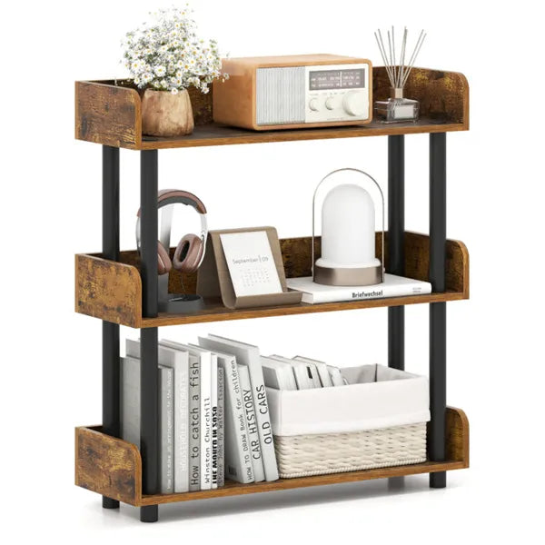 3-Tier Industrial Bookshelf With Anti-Falling Guardrails, 33 LBS Per Shelf Storage Organizer - Rustic Brown