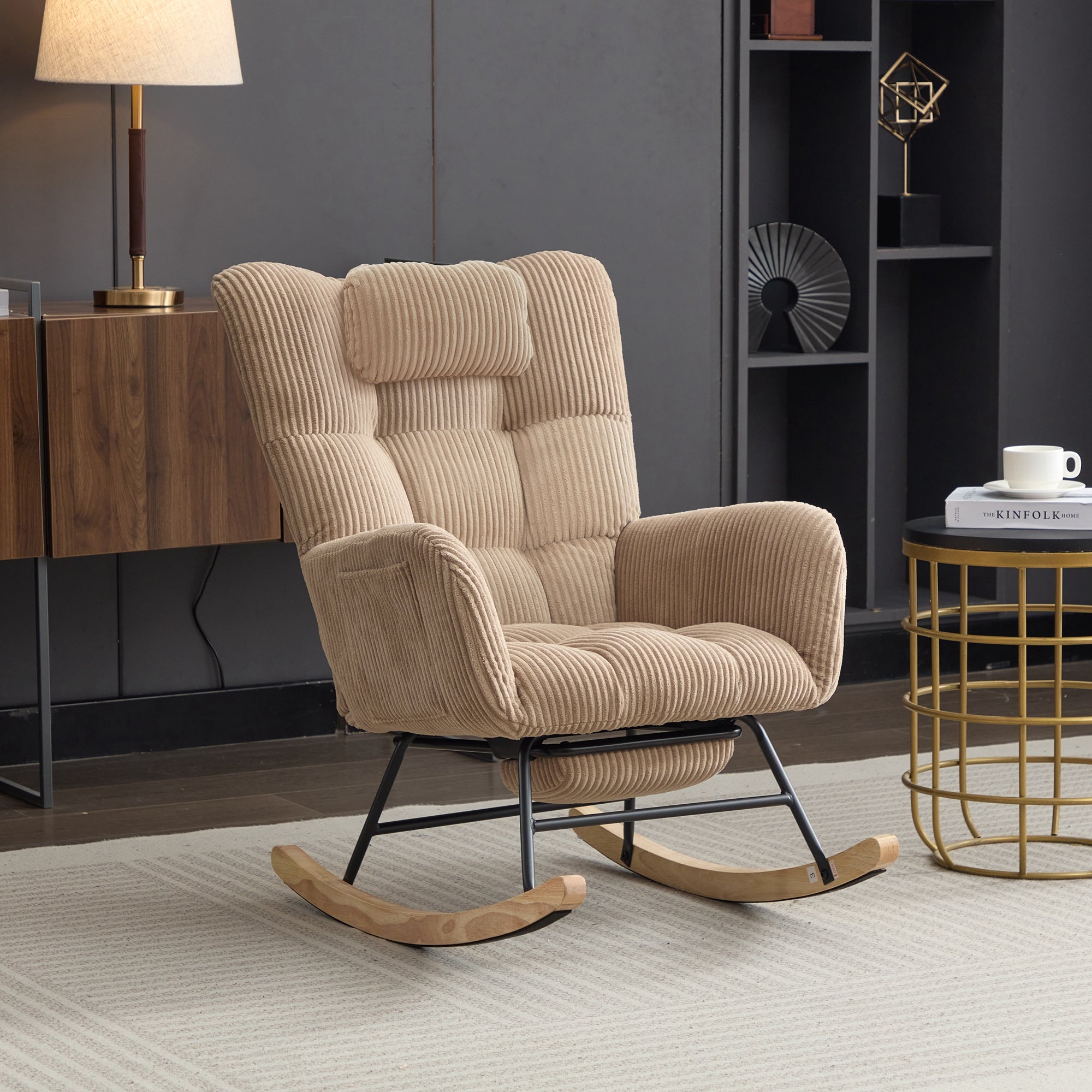 Rocking Chair With Adjustable Footrest, Headrest, Fabric Rocking Chair With Wooden Legs,Comfortable Lounge Armchair With Side Pockets And High Backrest, Brown, Reading Chair For Nursery, Living Room