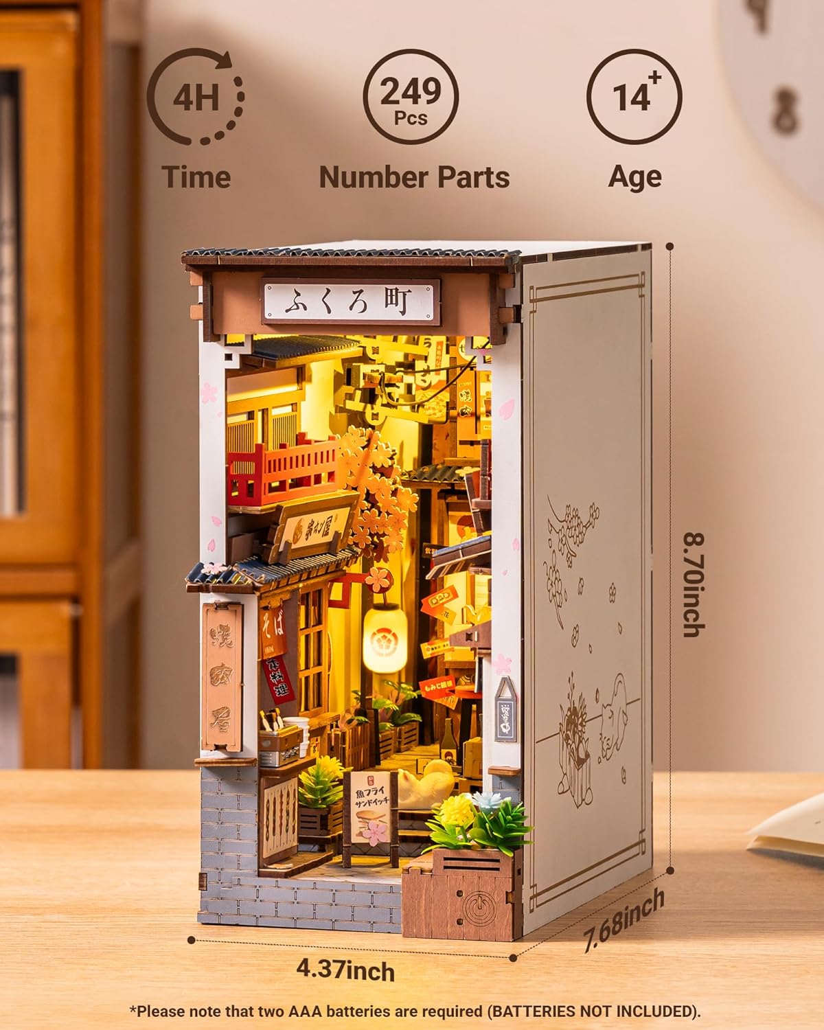 ROBOTIME DIY Book Nook Kit - Sakura Wine Alley With LED Lights, 3D Wooden Miniature Dollhouse Puzzle, Creative Bookend Bookshelf Decor, Unique Gift For Adults