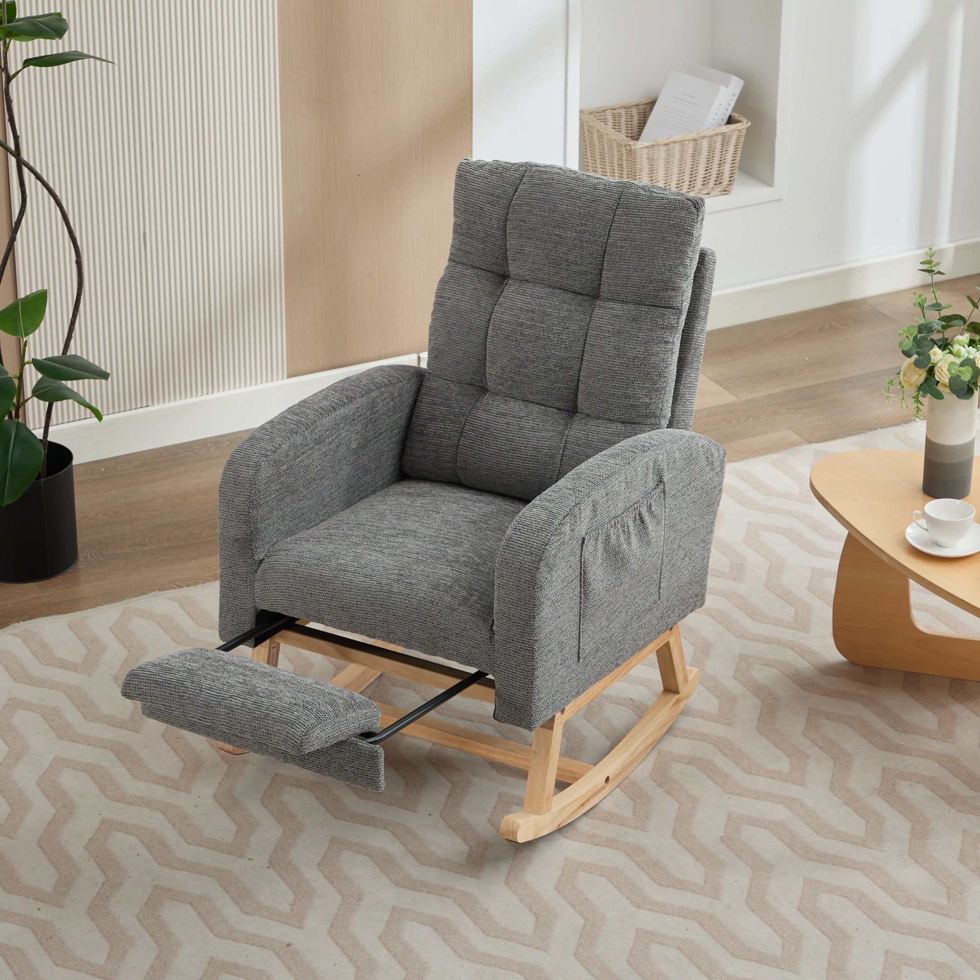 Rocking Chair With Adjustable Footrest For Living Room, Waffle Fabric, Rocking Chair With Solid Wooden Legs,Comfortable Lounge Armchair With Side Pockets And High Backrest, Grey, Waffle Fabric