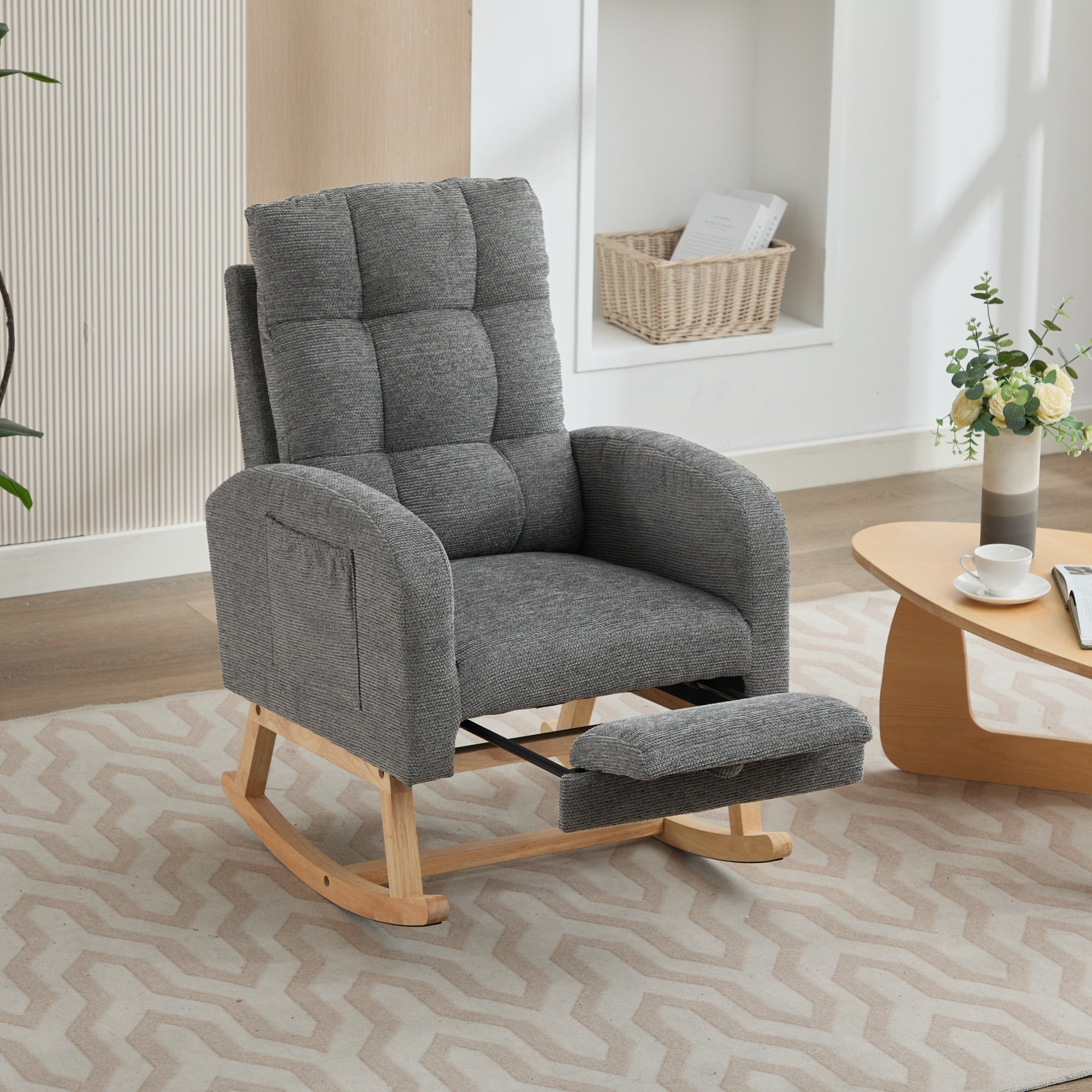 Rocking Chair With Adjustable Footrest For Living Room, Waffle Fabric, Rocking Chair With Solid Wooden Legs,Comfortable Lounge Armchair With Side Pockets And High Backrest, Grey, Waffle Fabric