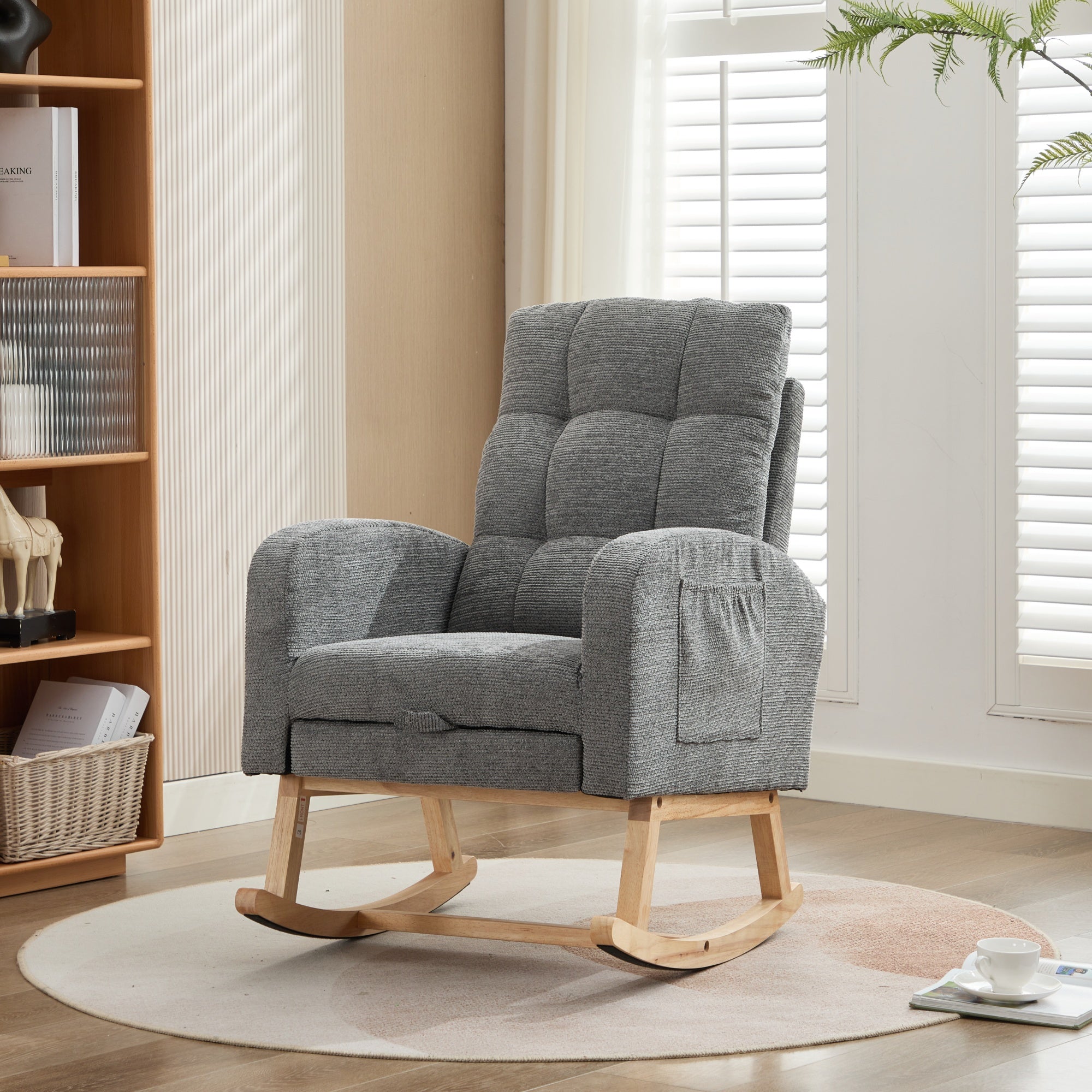 Rocking Chair With Adjustable Footrest For Living Room, Waffle Fabric, Rocking Chair With Solid Wooden Legs,Comfortable Lounge Armchair With Side Pockets And High Backrest, Grey, Waffle Fabric