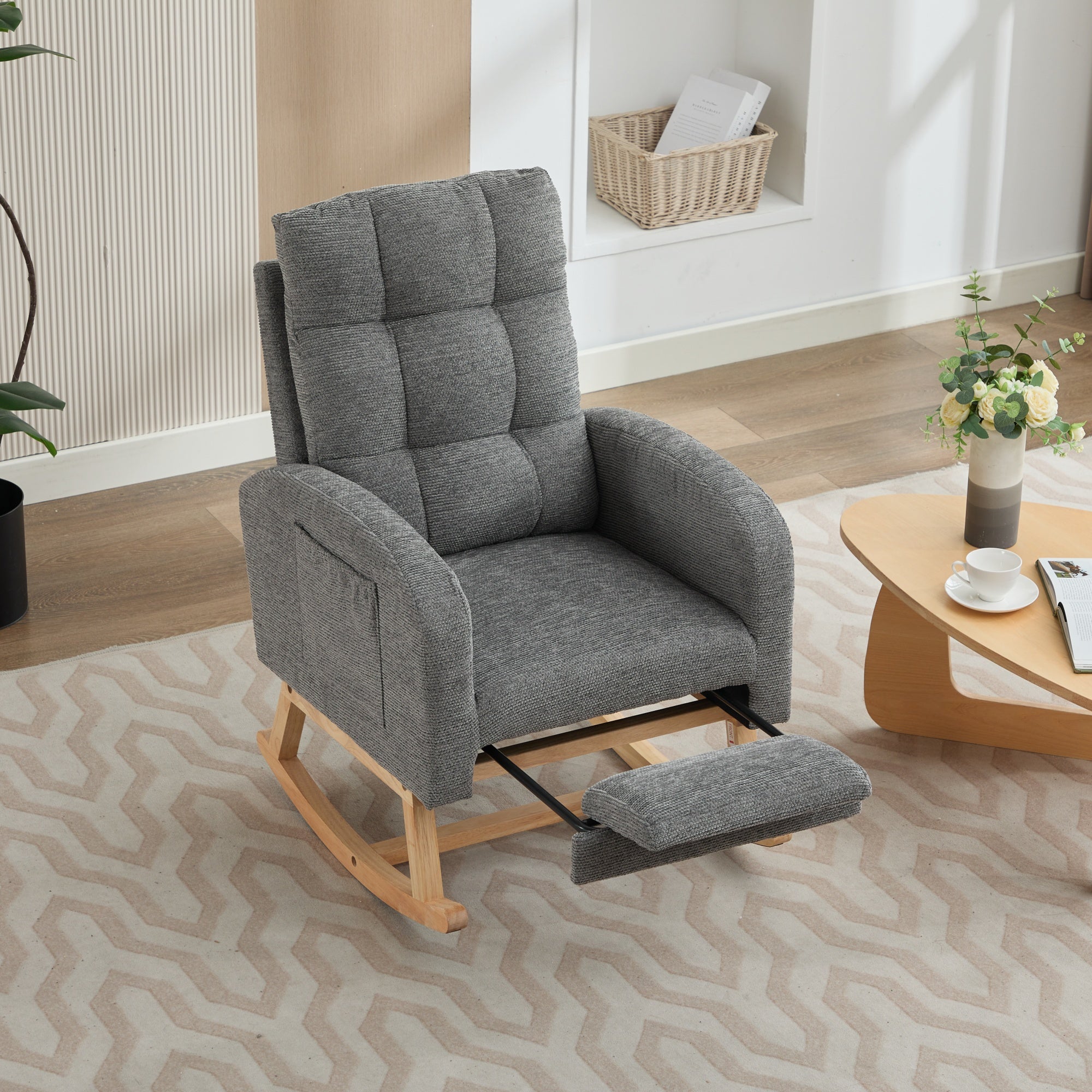 Rocking Chair With Adjustable Footrest For Living Room, Waffle Fabric, Rocking Chair With Solid Wooden Legs,Comfortable Lounge Armchair With Side Pockets And High Backrest, Grey, Waffle Fabric