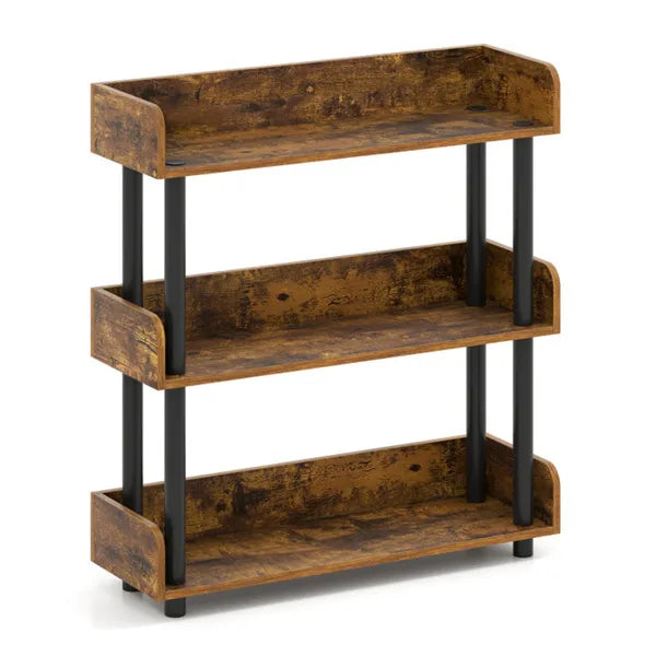 3-Tier Industrial Bookshelf With Anti-Falling Guardrails, 33 LBS Per Shelf Storage Organizer - Rustic Brown