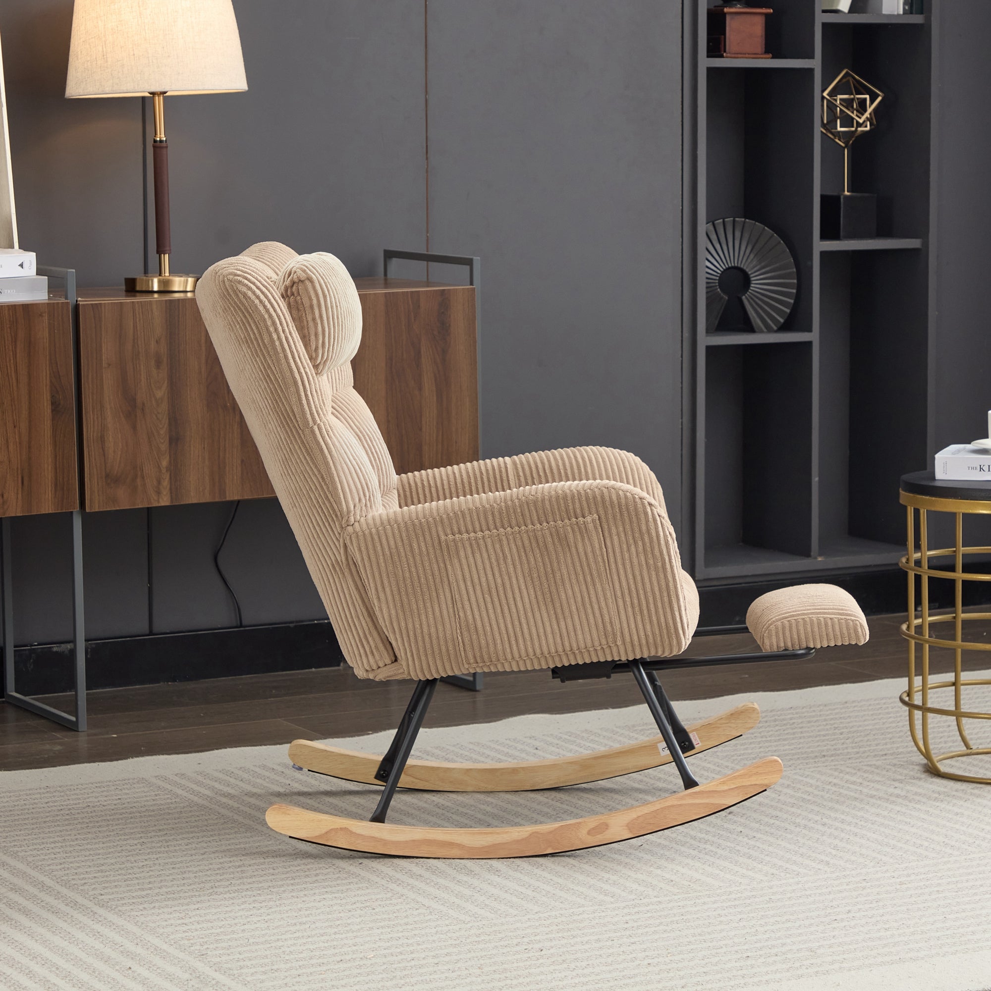 Rocking Chair With Adjustable Footrest, Headrest, Fabric Rocking Chair With Wooden Legs,Comfortable Lounge Armchair With Side Pockets And High Backrest, Brown, Reading Chair For Nursery, Living Room