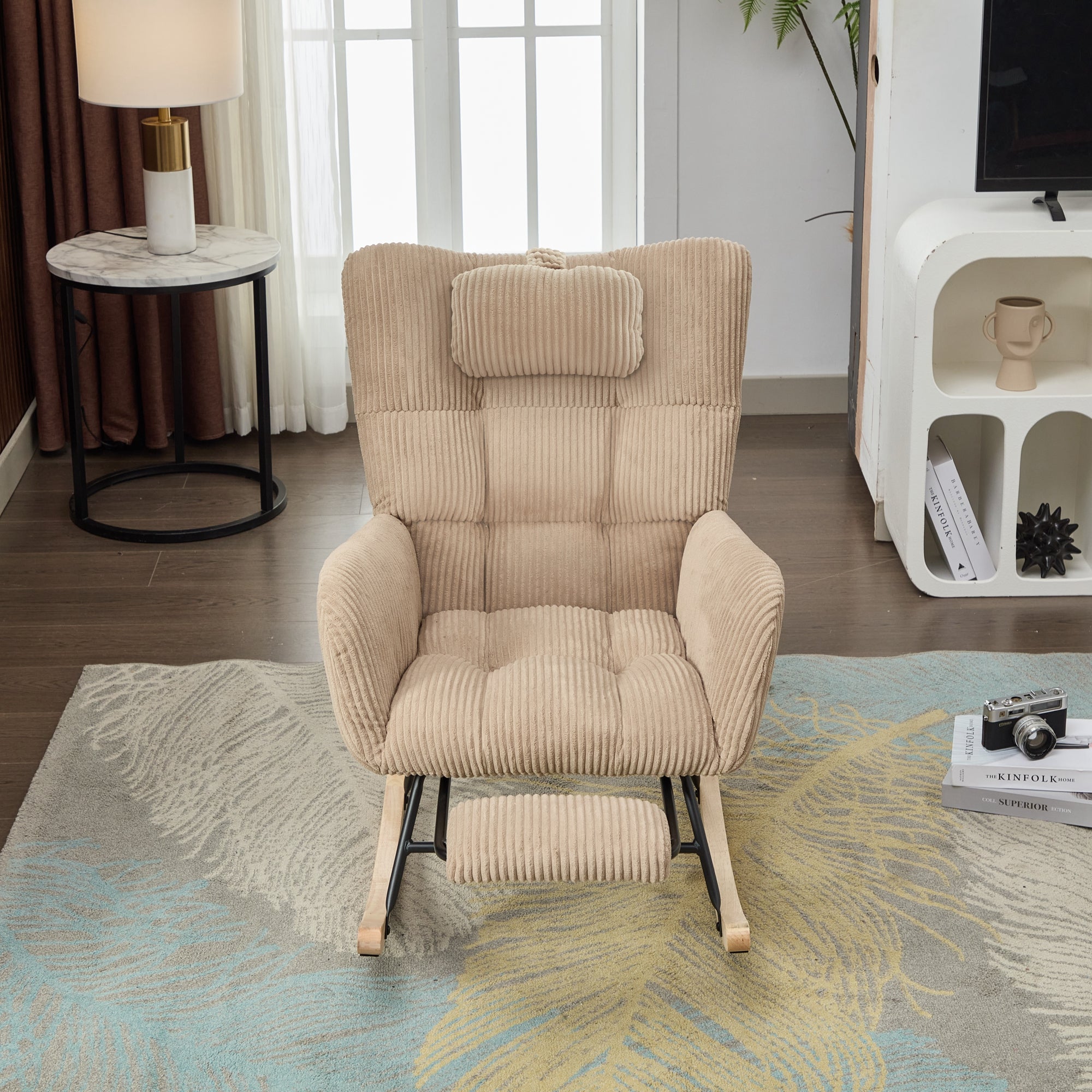 Rocking Chair With Adjustable Footrest, Headrest, Fabric Rocking Chair With Wooden Legs,Comfortable Lounge Armchair With Side Pockets And High Backrest, Brown, Reading Chair For Nursery, Living Room