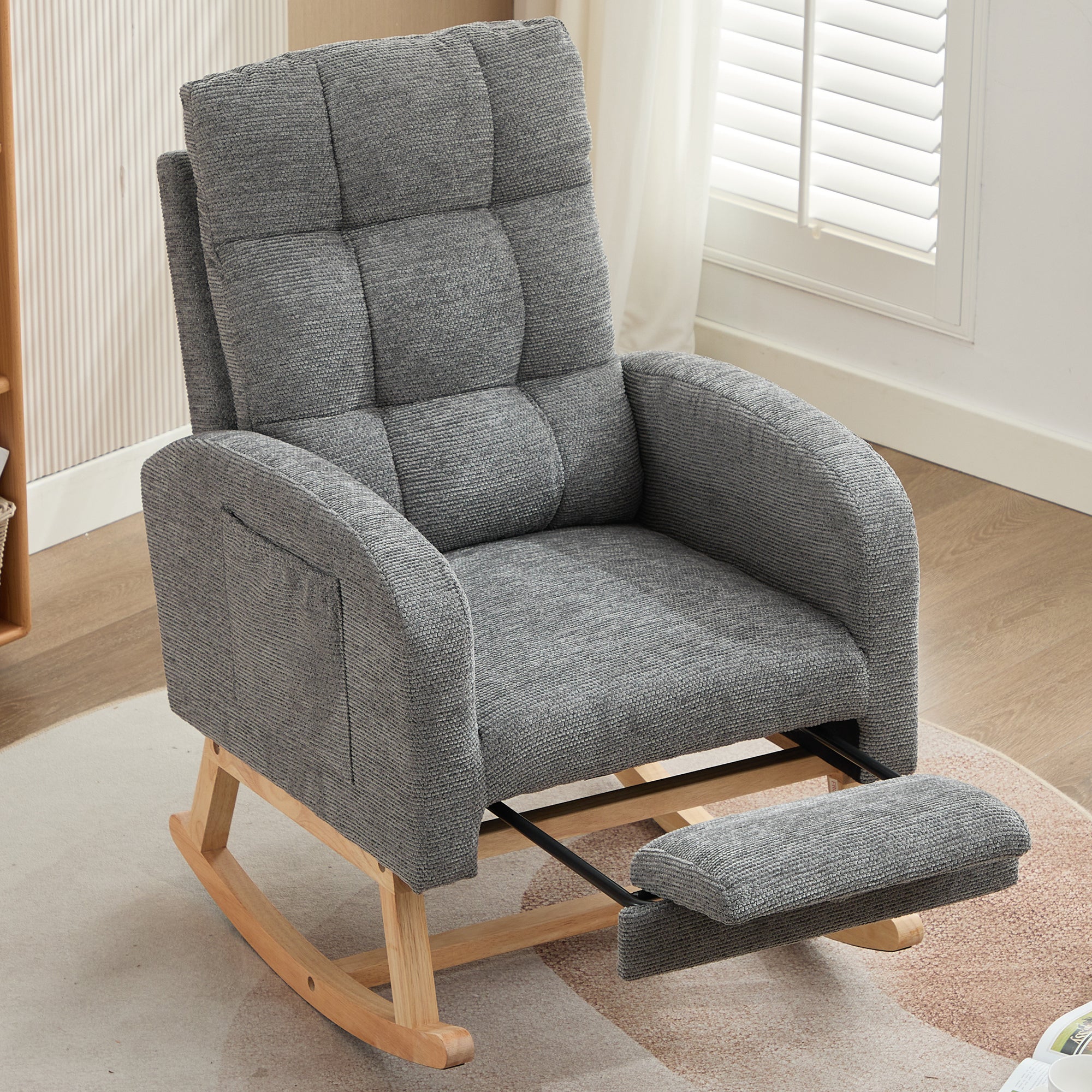 Rocking Chair With Adjustable Footrest For Living Room, Waffle Fabric, Rocking Chair With Solid Wooden Legs,Comfortable Lounge Armchair With Side Pockets And High Backrest, Grey, Waffle Fabric