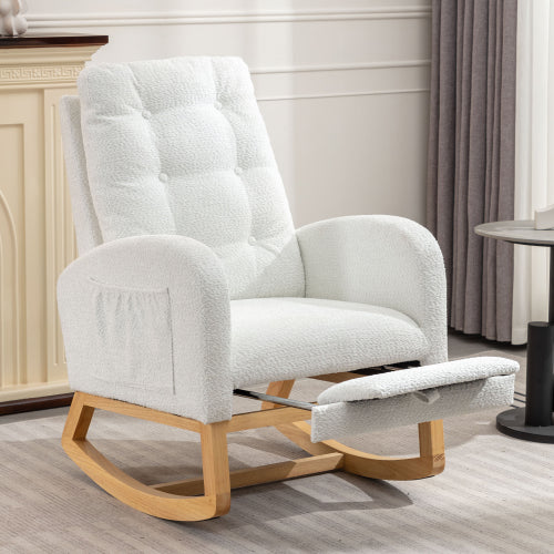 LY-5104 WHITE Accent Rocking Chair With Footrest High Back Rubber Wood Rocking Legs Bedroom Living Space 26.77D X 38.36W X 39.76H Inch