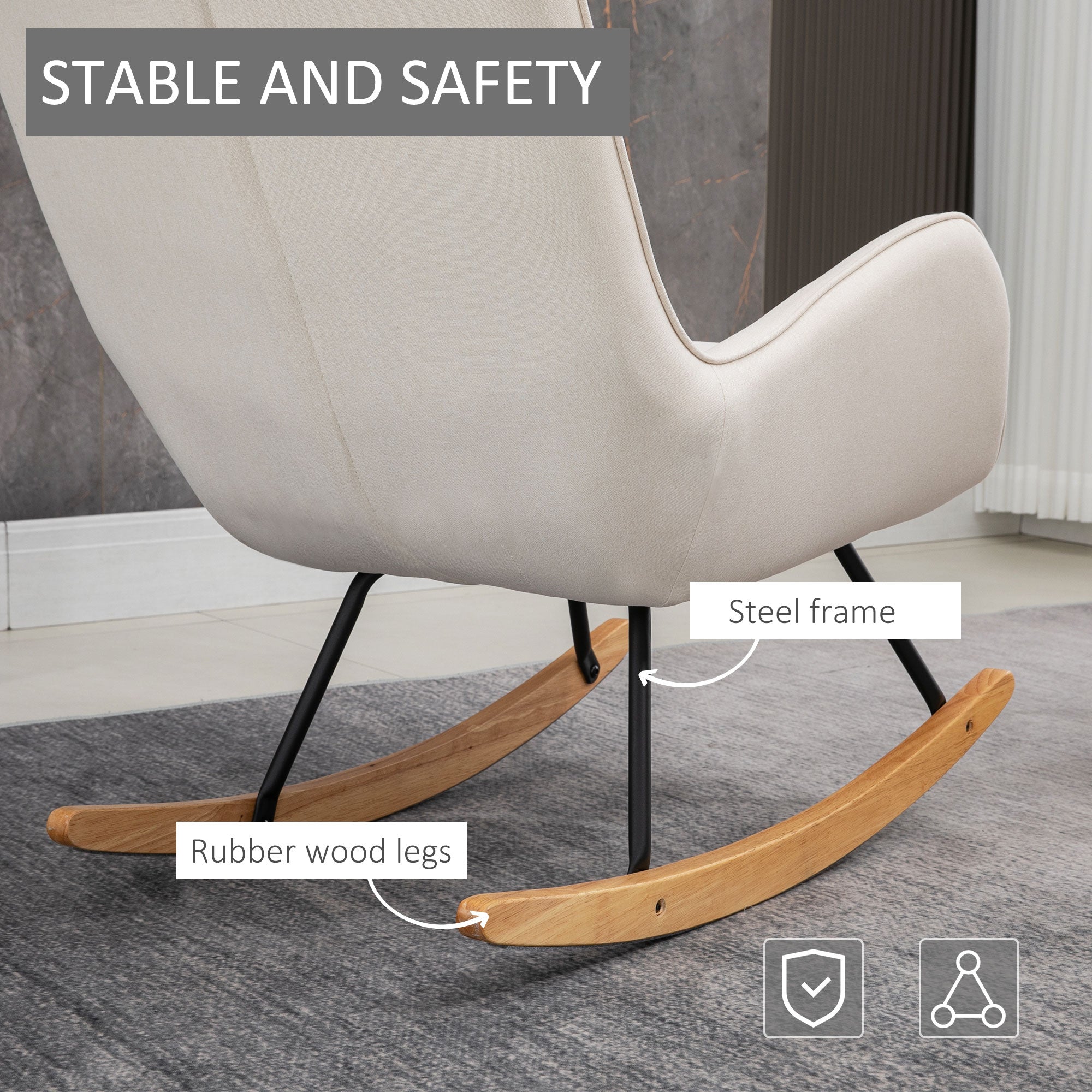 Mid-Century Fabric Rocking Chair Sofa Armchair Tufted Rocker Wingback Accent Chair with Padded Seat, Rubber Wood Base for Home Studio, Bedroom, Living Room, Cream White