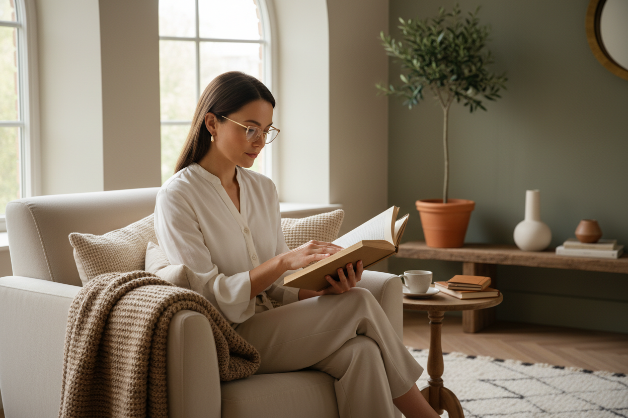 Elegant woman reading in cozy room