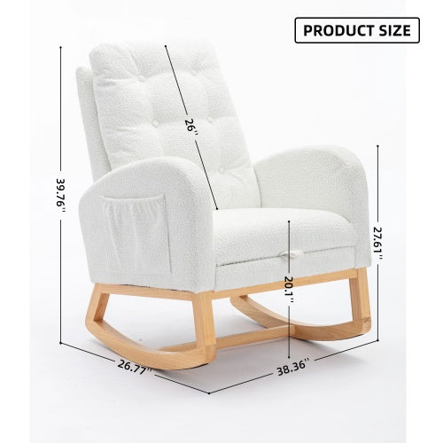 LY-5104 WHITE Accent Rocking Chair With Footrest High Back Rubber Wood Rocking Legs Bedroom Living Space 26.77D X 38.36W X 39.76H Inch