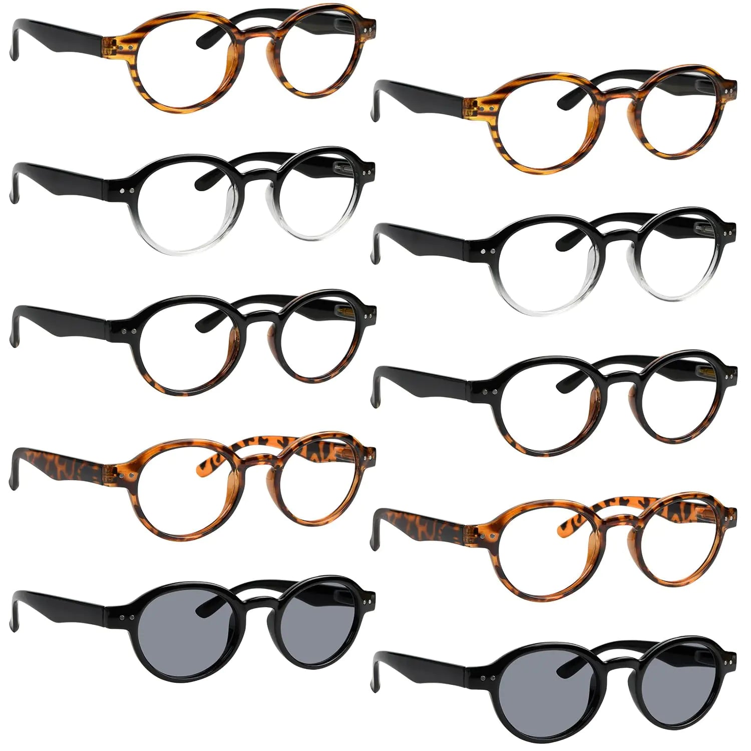 BLUELESS Lunettes de Lecture Rondes Vintage pour Femmes, Pack de 10, Lunettes Rétro Incluses avec Lunettes de Soleil de Lecture +1.0